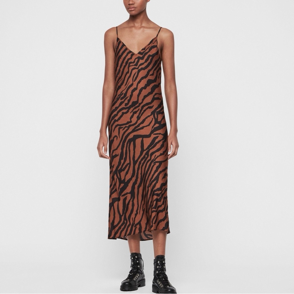 All Saints “Hera Zephyr” brown animal print long slip dress size small
